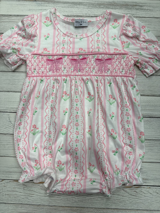 Pink Floral Bow Smocked Bubble
