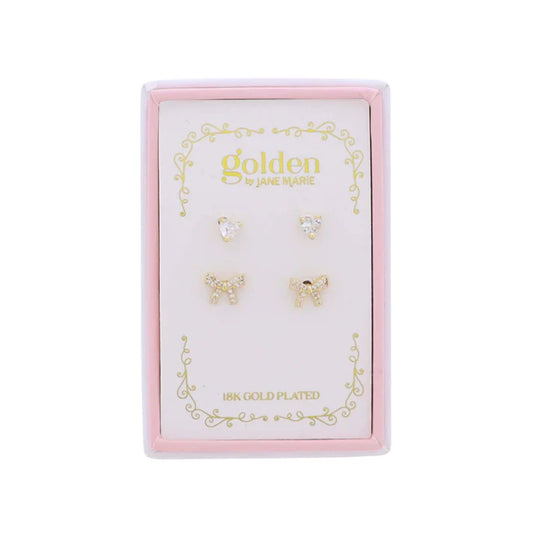 Jane Marie Kids 18K Gold Plated Set of 2 Heart & Bow Stud Earrings