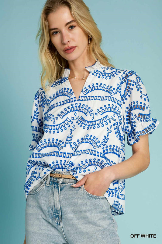 Blue/White Embroidered Puff Sleeves Blouse
