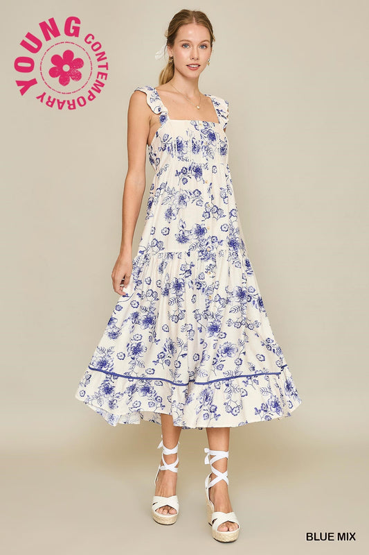Blue Floral Dress w/Ruffle Straps