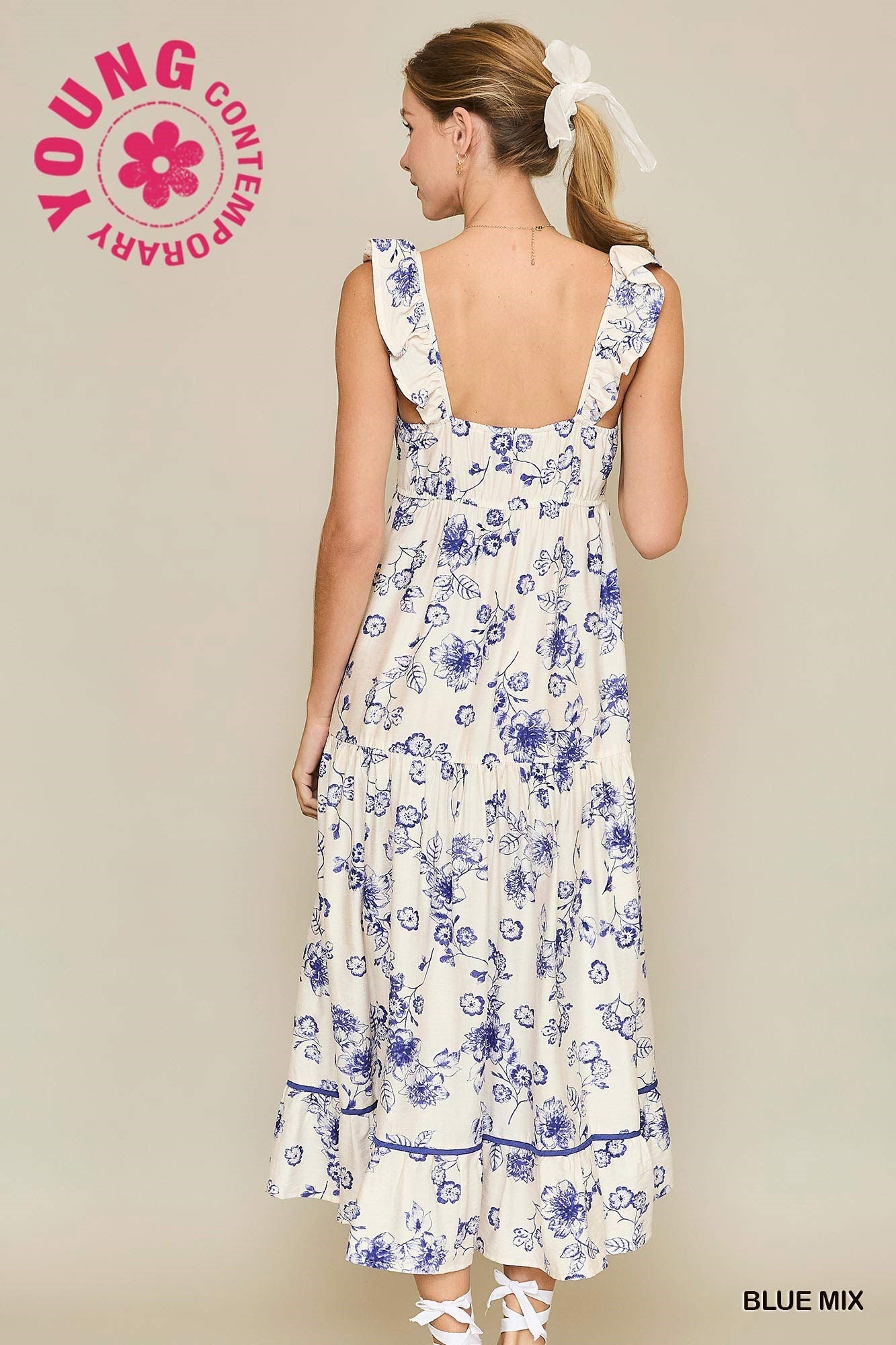 Blue Floral Dress w/Ruffle Straps