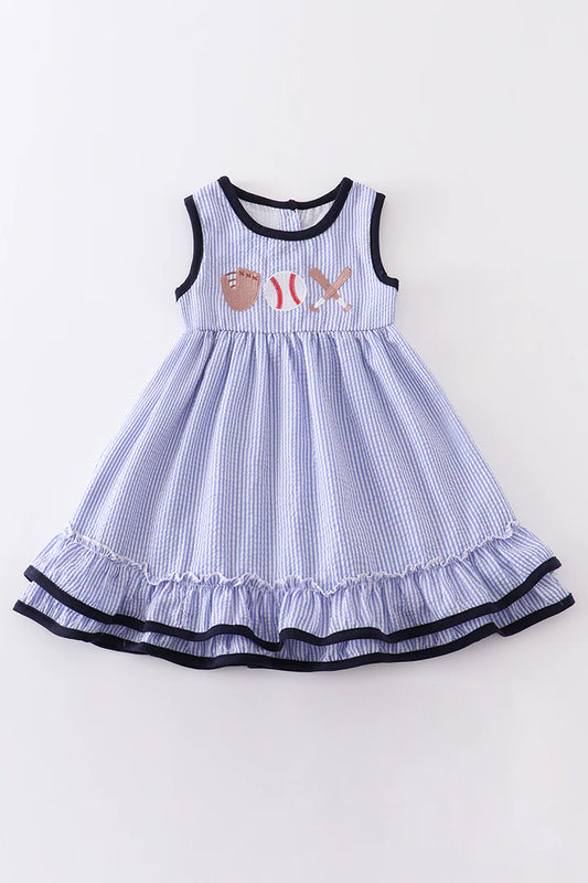 Blue Stripe Baseball Seersucker Dress