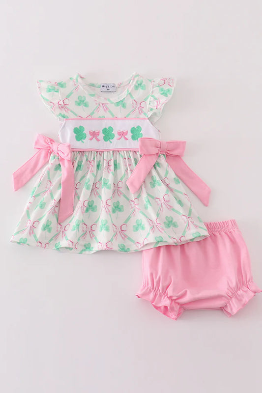 St Patrick's Pink Green Bow Clover 2pc