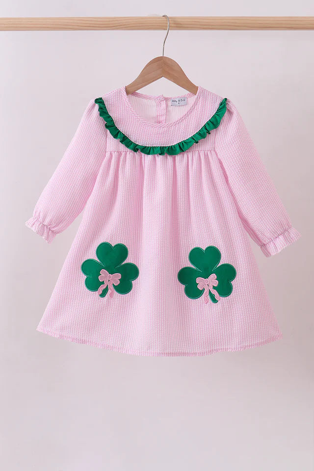 Pink St. Patrick's Clover Applique Seersucker Dress