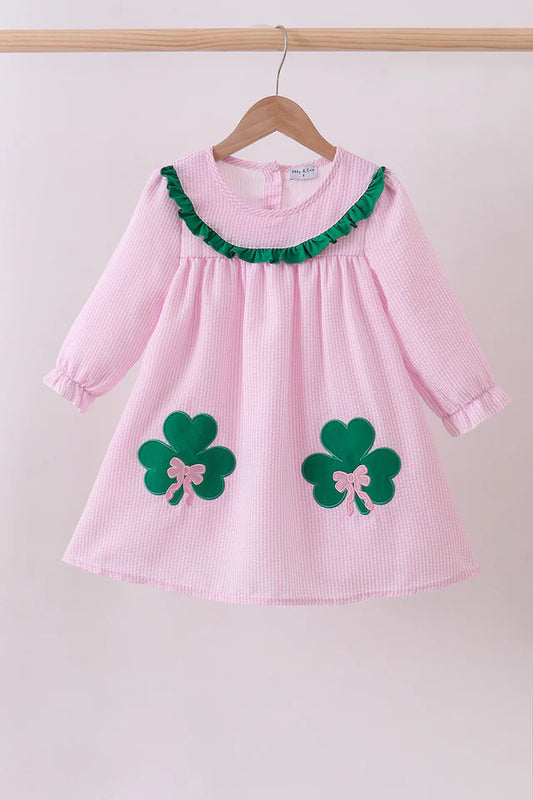 Pink St. Patrick's Clover Applique Seersucker Dress