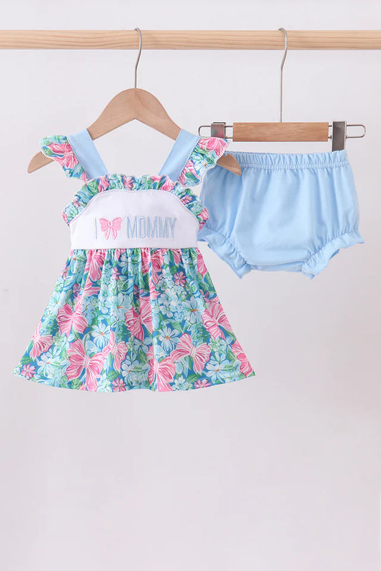 Blue Floral I love Mommy Embroidery Ruffle Bloomer Set