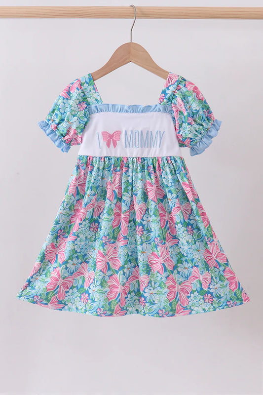 Blue I love Mommy Embroidery Dress