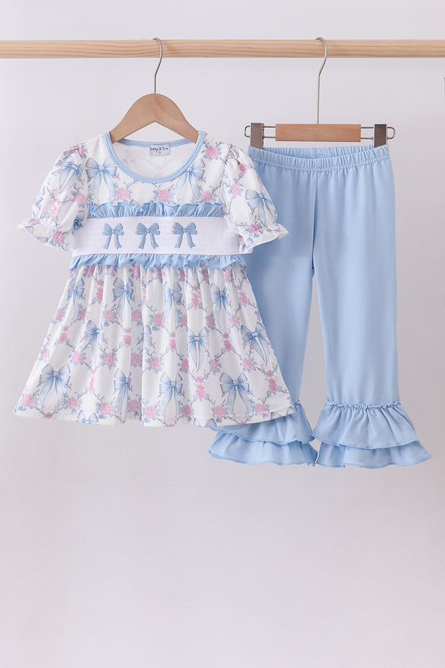 Blue Bow Floral Smocked Ruffle 2pc