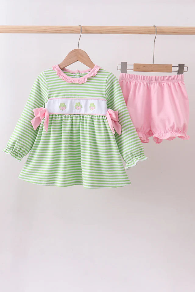 Green St. Patrick's Clover Embroidery Stripe Bow Bloomer Set