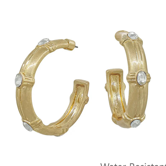 Gold Hammered Hoops W/ Crystals Earrings