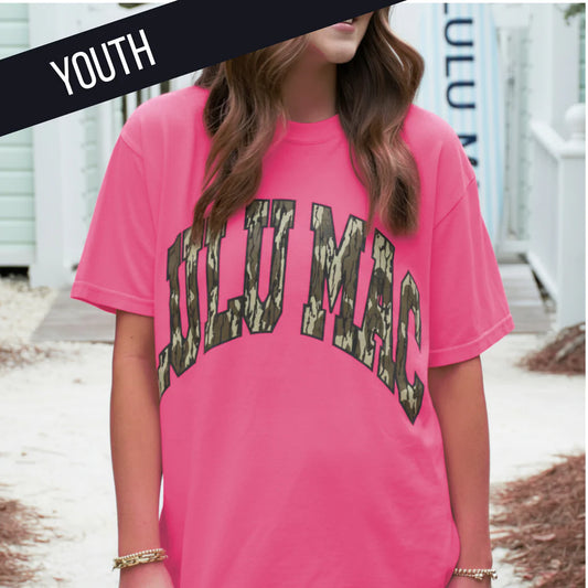 Lulu Mac Bottomland Neon Pink Youth Comfort Colors Mossy Oak Tee