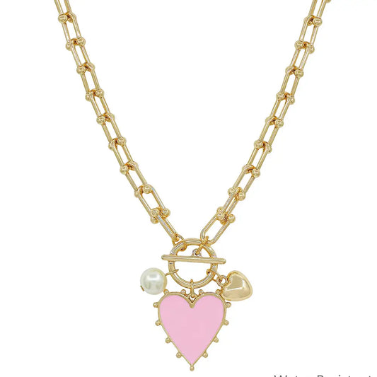 Gold Necklace W/Pink Studded Heart Charm