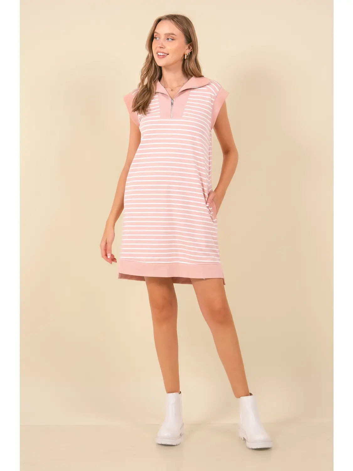 Dusty Pink Striped French Mini Dress W/Pockets
