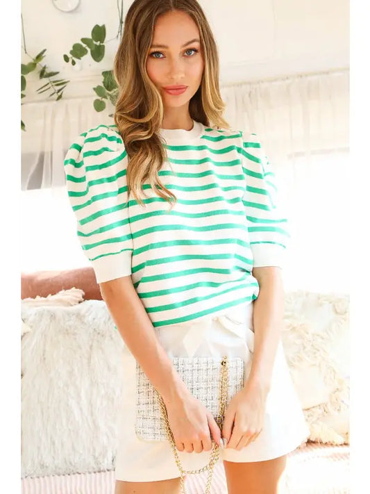 Green & White Stripe Puff Sleeve Sweater