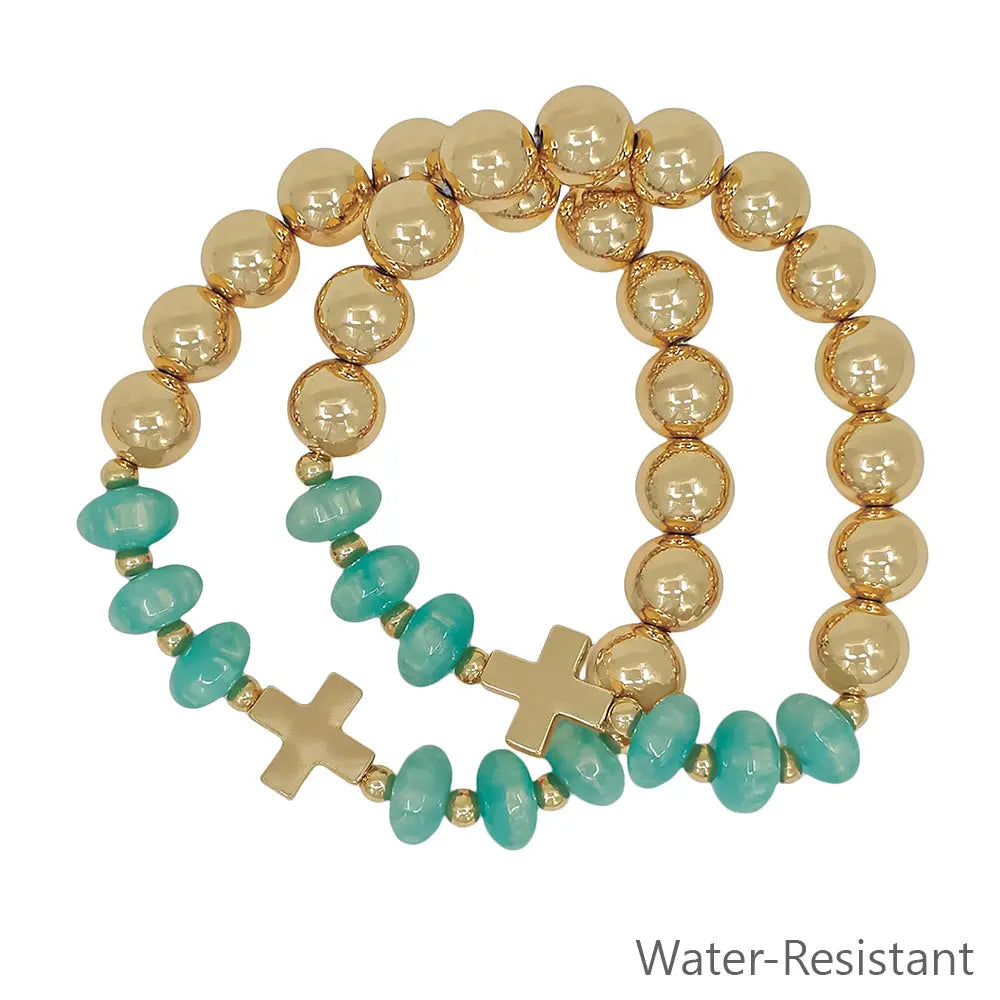 Mint & Gold Cross Beaded Bracelets