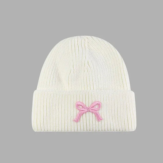 Soft Ribbed Knit Bow Accent Beanie Cream