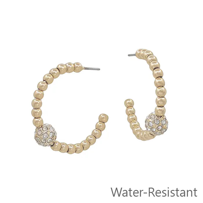 Gold Beaded Hoops w/Crystal Bead Accent