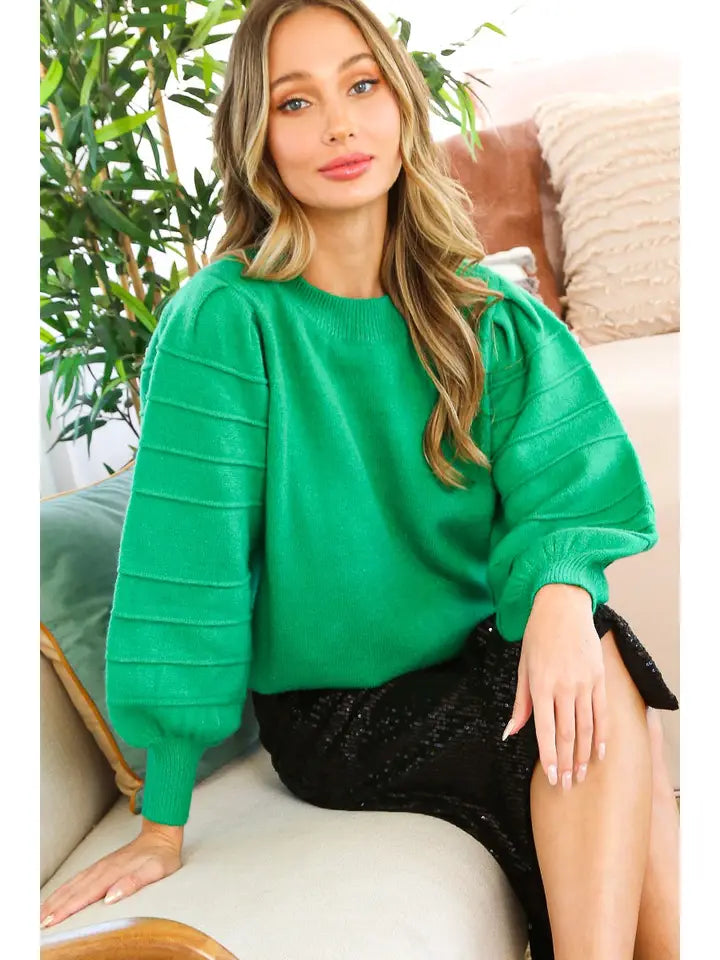 Cozy Green Puff Sleeve Sweater