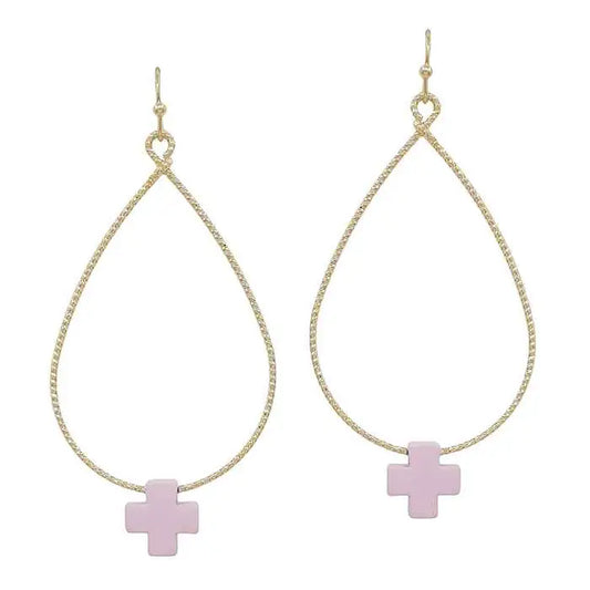 Gold Teardrop w/Pink Cross Earrings