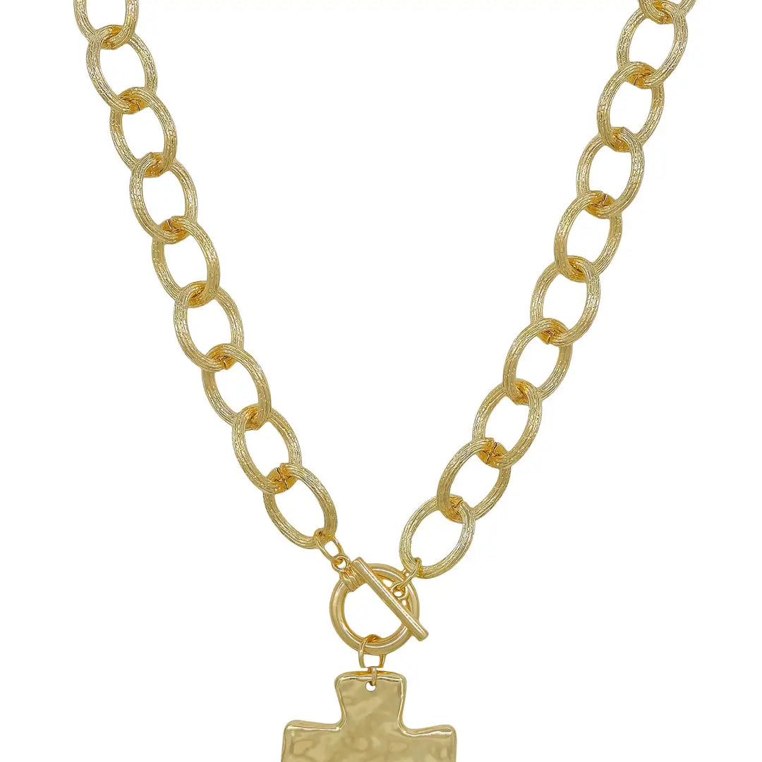 Gold Open Chain W/Hammered Cross
