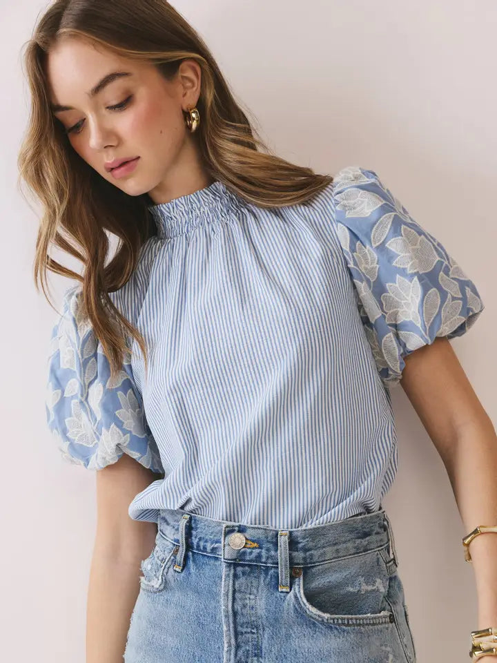 Take a Moment Stripe Puff Sleeve Top by TCEC
