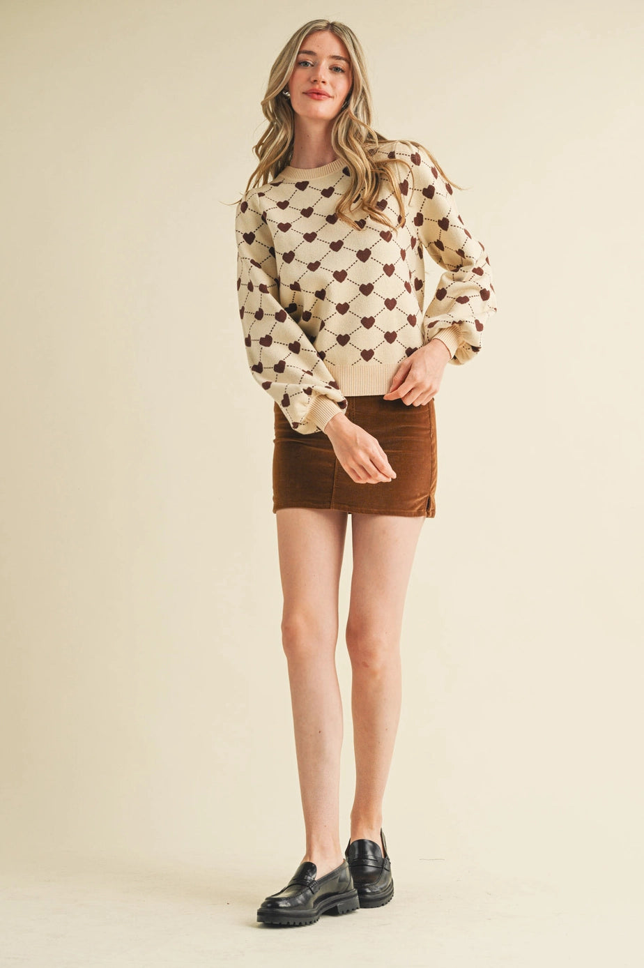 Hearts of Brown Puff Sleeve Sweater