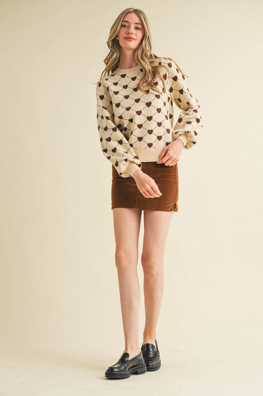 Hearts of Brown Puff Sleeve Sweater