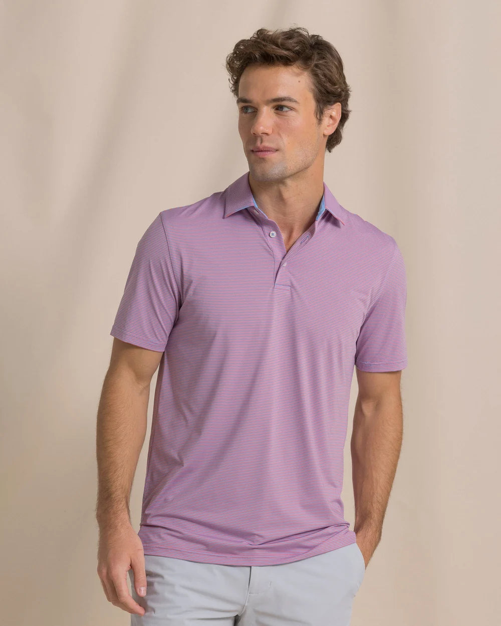 Southern Tide Coastal Breeze Stripe Polo in Coral Beach