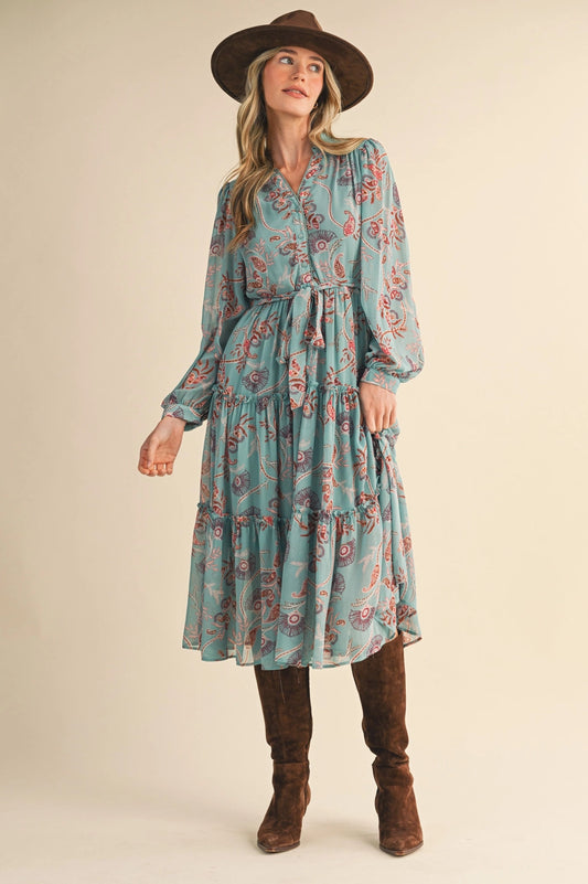 Exclusive Paisley Print Tiered Dress in Seafoam
