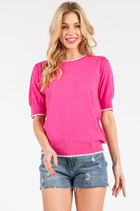 Pom-Pom Trim Puff Sleeve in Pink