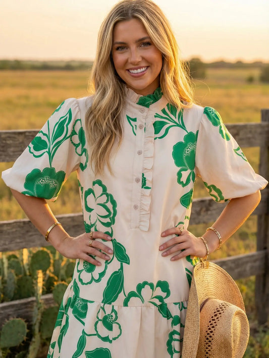 Amabelle Green Floral Tiered Dress