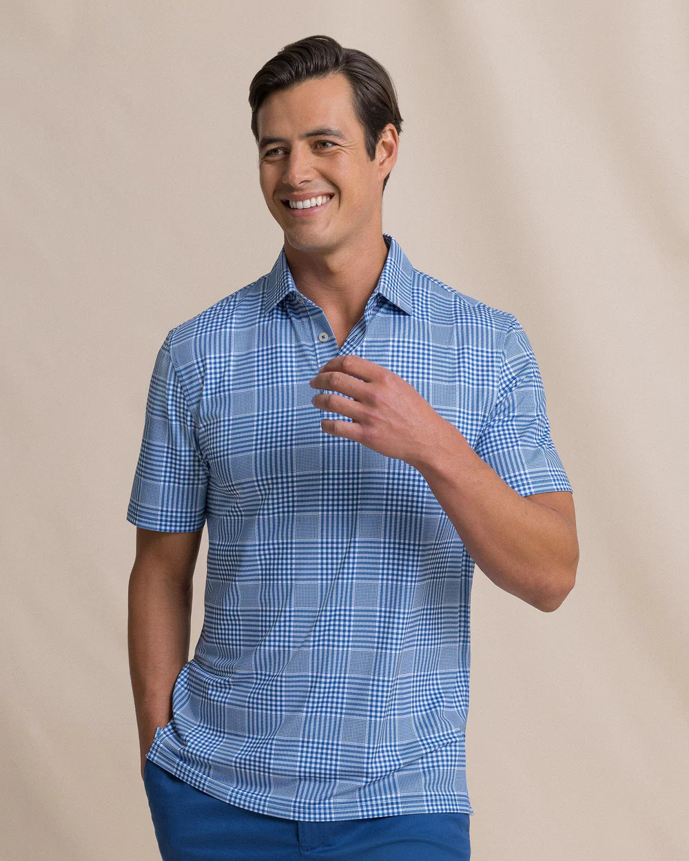 Southern Tide Driver Coral Key Plaid Polo Nautical Blue