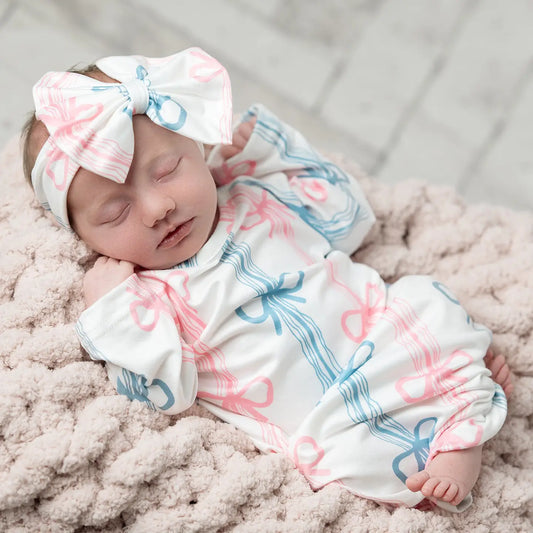 Pink & Blue Bow Baby Gown 0-3M