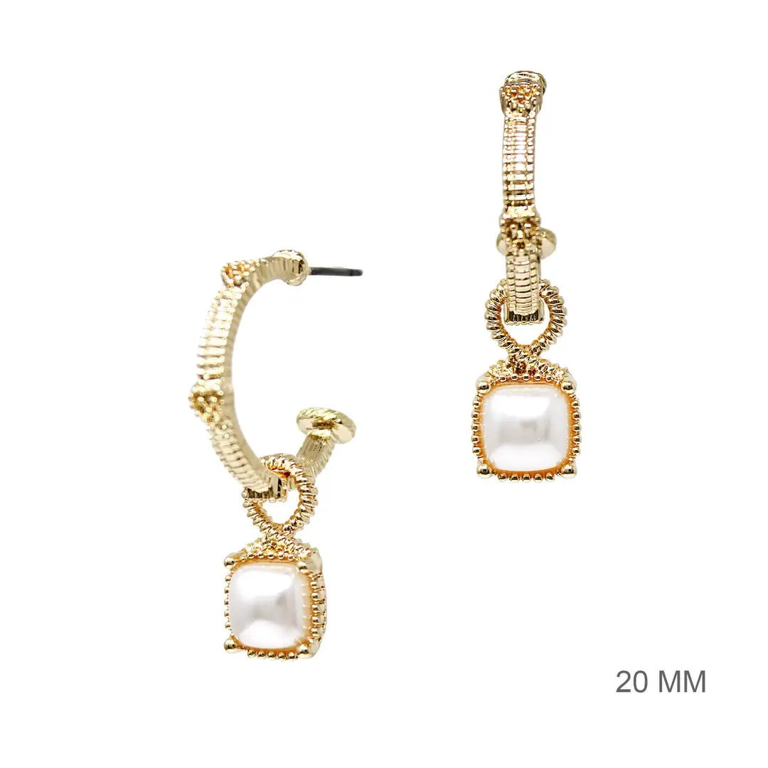 Gold 1" Hoop W/Pearl Stone Earrings
