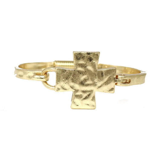 Worn Gold Hammered Cross Bracelet