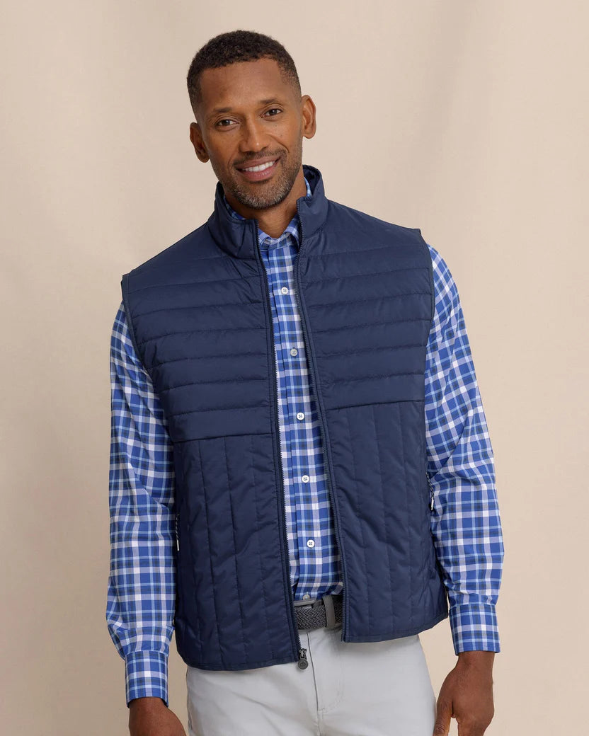 Southern Tied Greenwood Packable Quilted Vest Dress Blue