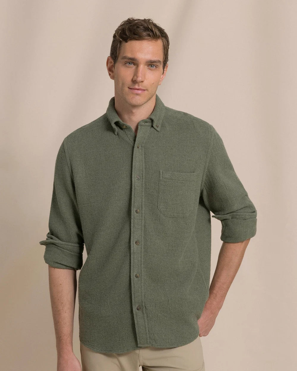 Southern Tide Waffle Weave Heather Sportshirt Heather Cedar Green