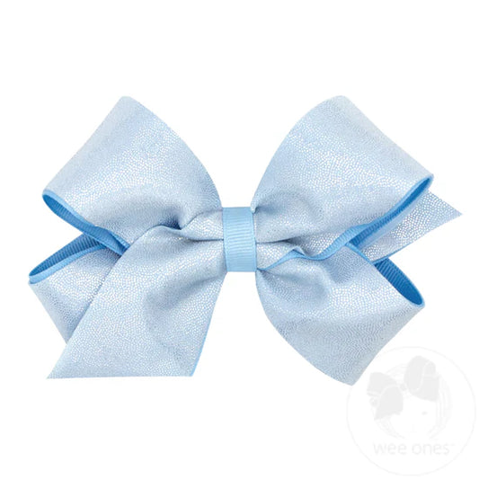 Wee Ones Medium Mirror Dot and Grosgrain Overlay Blue Hair Bow